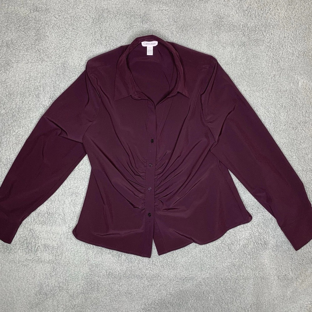 Calvin Klein L Women Purple Long Sleeve Button Up Collared Shirt Ruched Gem Tone - Picture 4 of 8